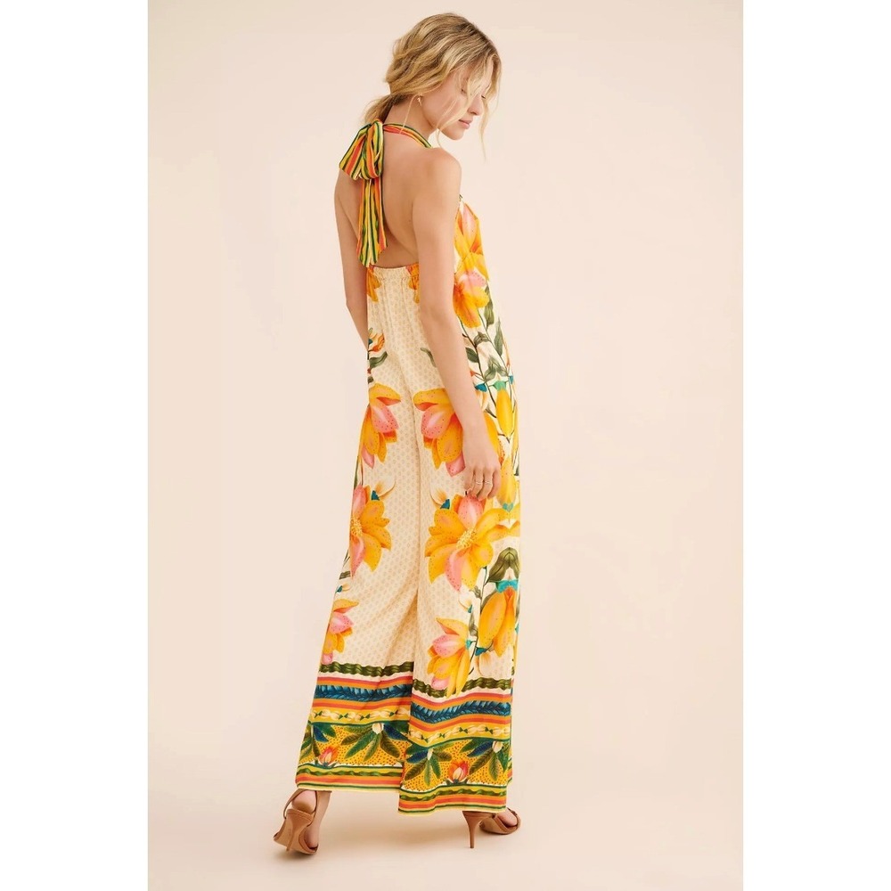 Farm Rio Tropical Floral Wide Leg Halter Jumpsuit Sz L Yellow Boho Anthropologie - Picture 3 of 16